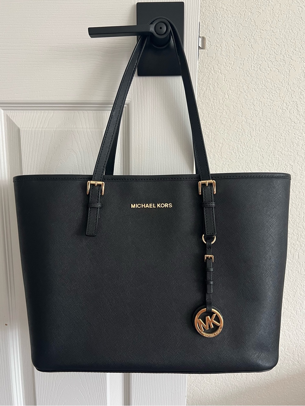 Michael Kors Black Leather Tote with Gold Accents